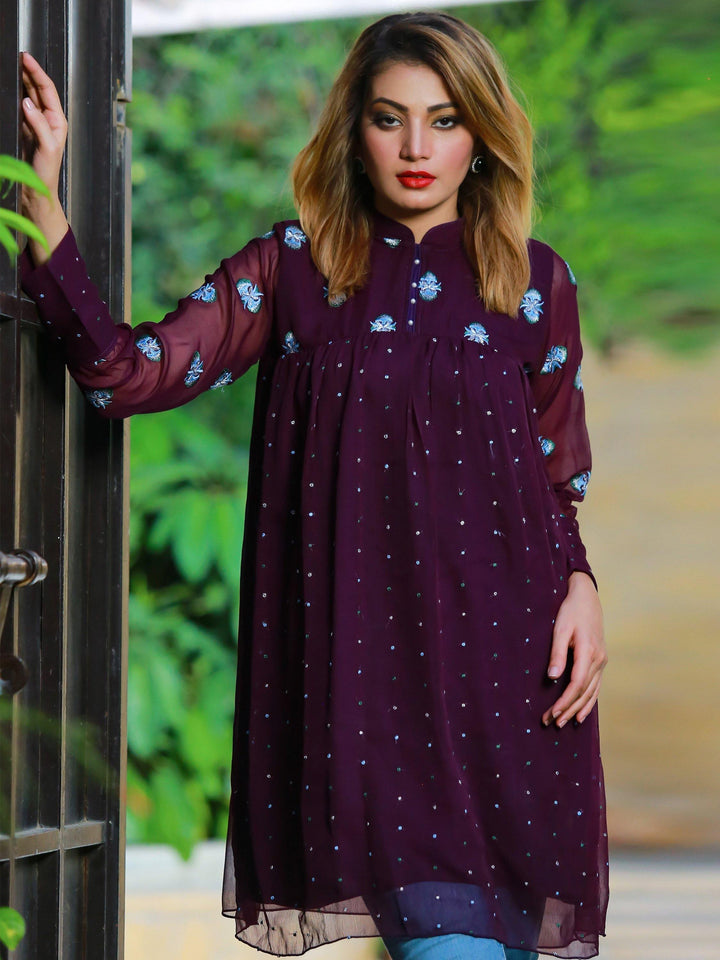 Kanwal - Purple Embroidered Kurta - Modest Clothing