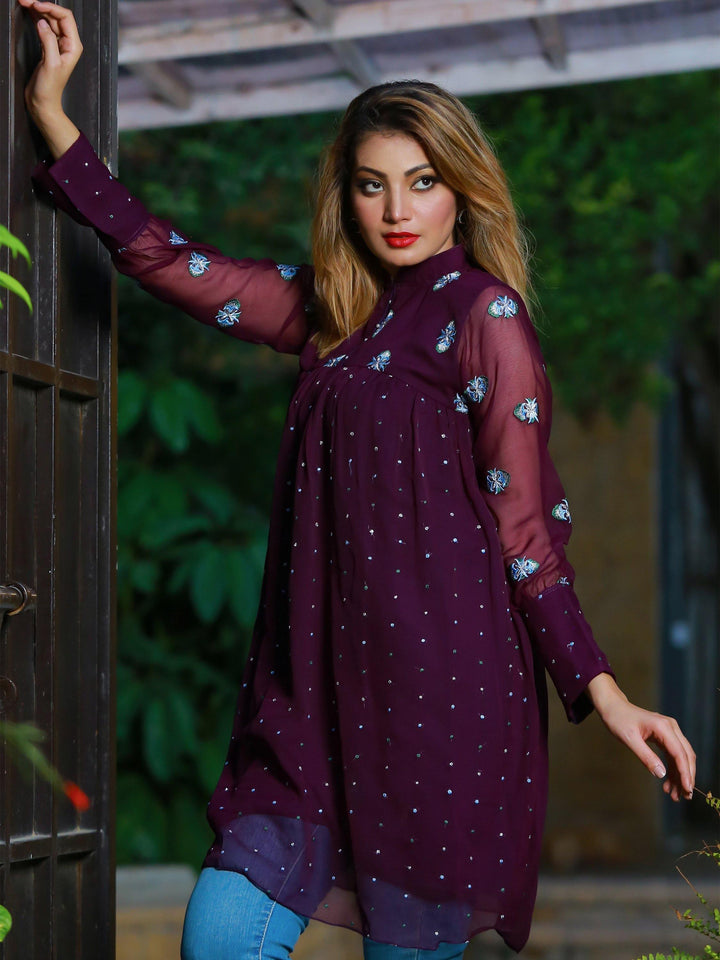 Kanwal - Purple Embroidered Kurta - Modest Clothing