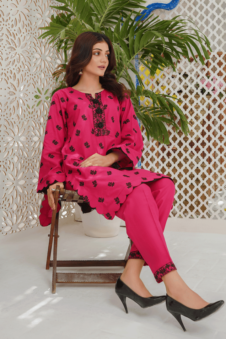 Pink Embroidered Cotton Suit