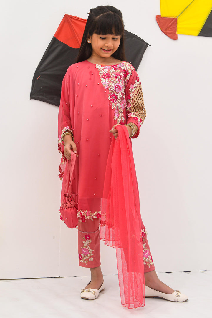 Chiffon Pearl Cape Dress - Tea Pink - Modest Clothing
