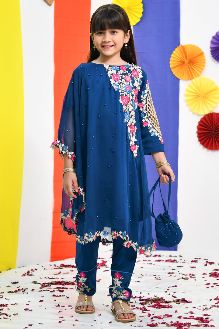 Chiffon Pearl Cape Dress - Teal - Modest Clothing