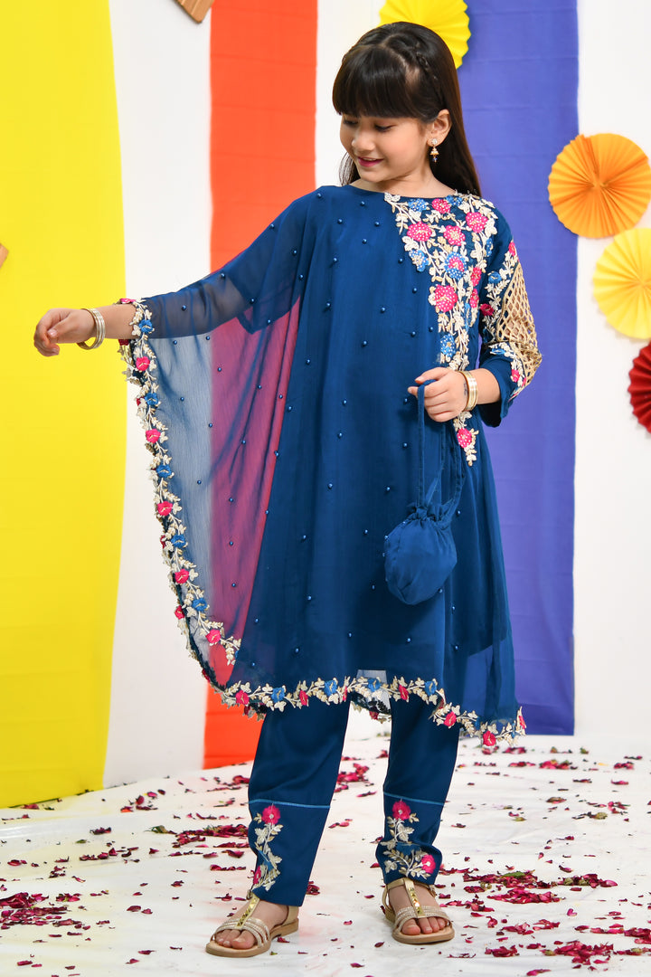 Chiffon Pearl Cape Dress - Teal - Modest Clothing