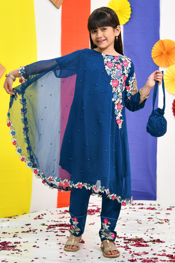 Chiffon Pearl Cape Dress - Teal - Modest Clothing