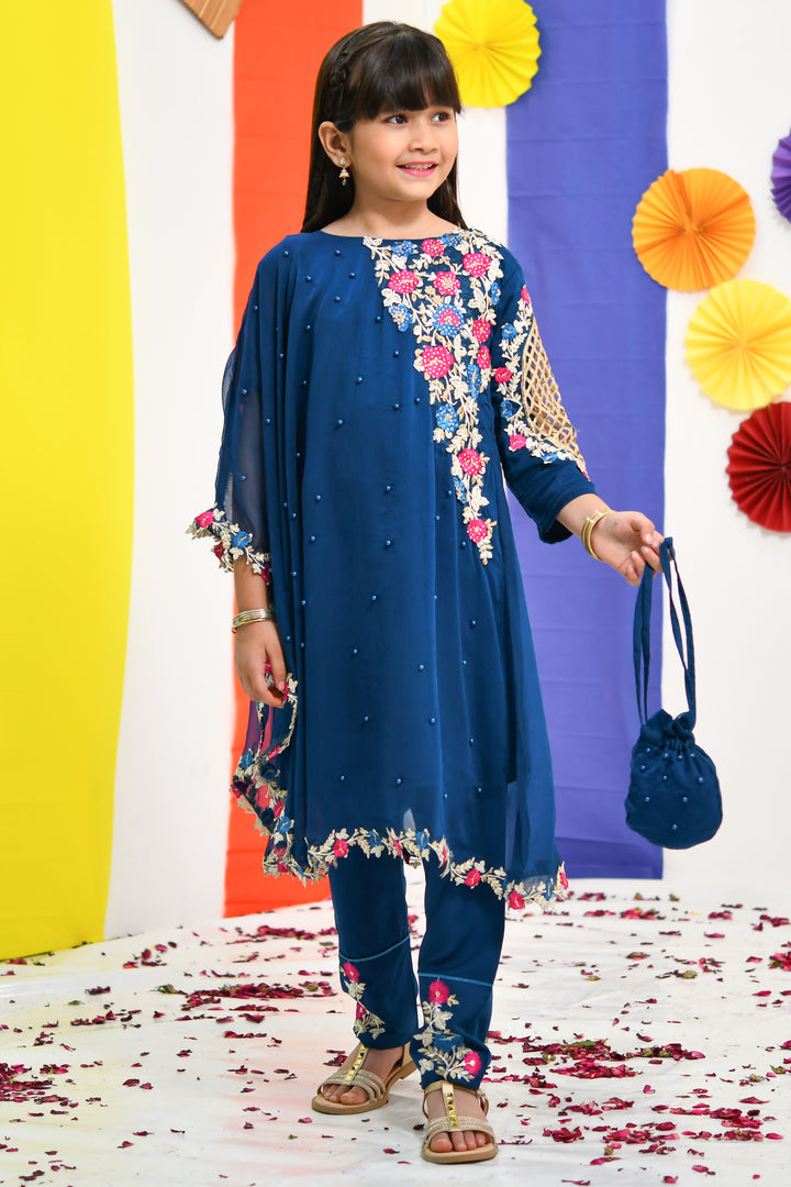 Chiffon Pearl Cape Dress - Teal - Modest Clothing